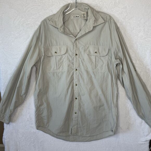 Vintage LL Bean Button Up Shirt Mens Medium Light Khaki Ripstop Outdoors *Flaw - Picture 1 of 16